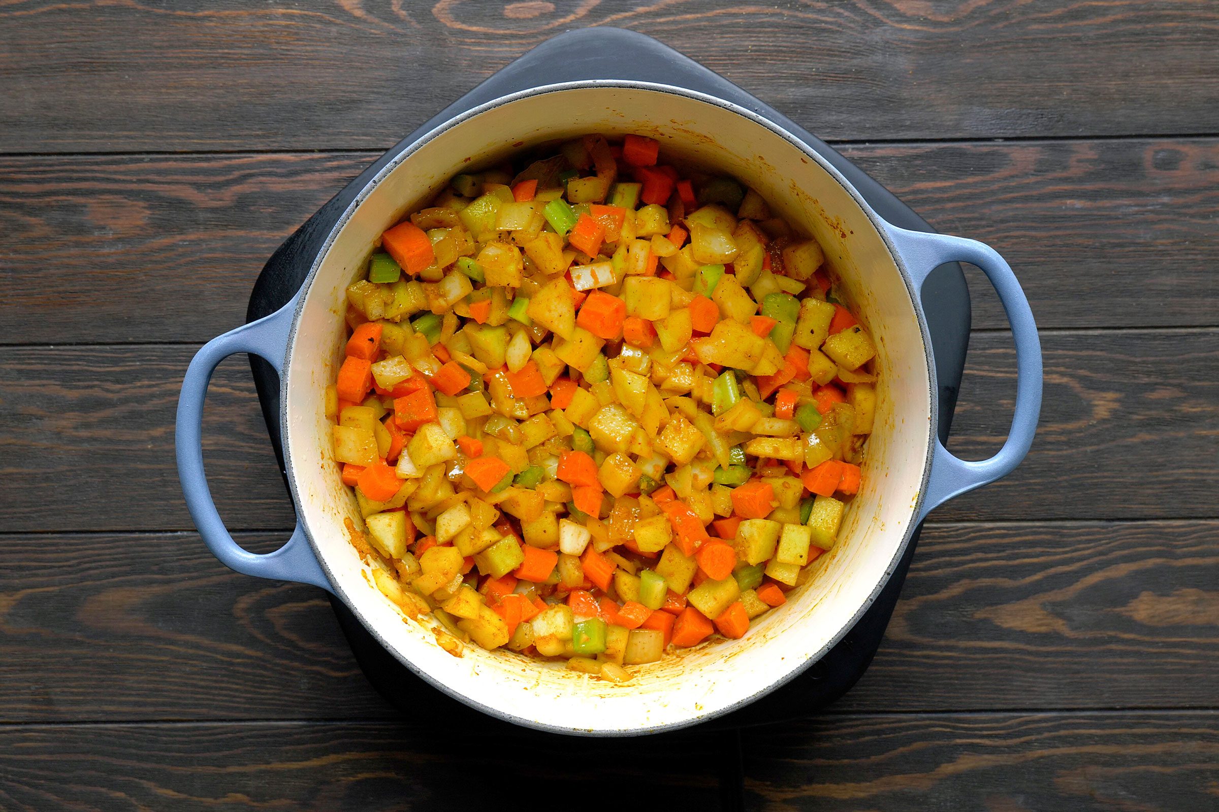 Vegetables and spices in a dutch oven