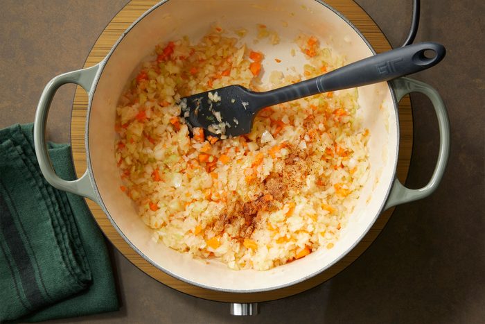 Finely chopped vegetables in a pan to be cooked