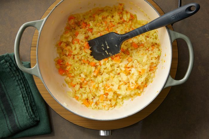 Cooked vegetable until Translucent in color to prepare pappardelle bolognese