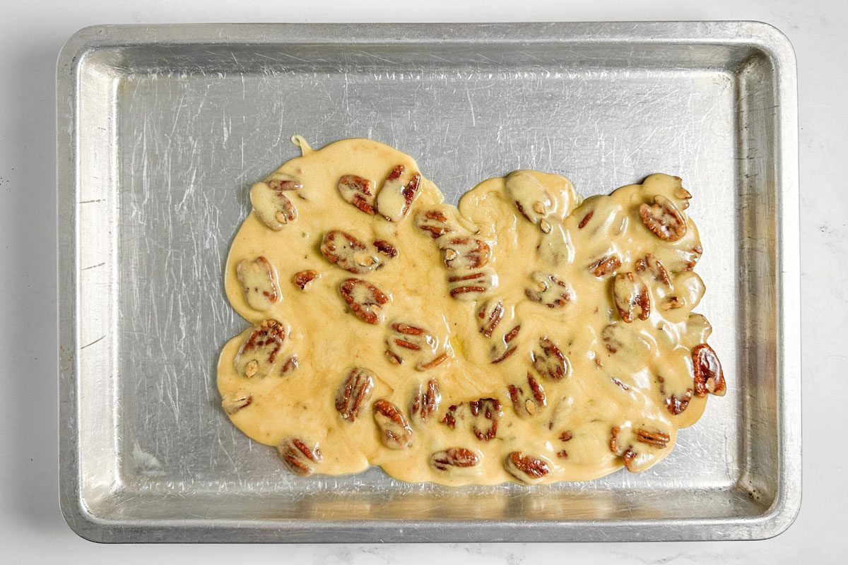 Taste of Home Pecan Brittle on a baking sheet