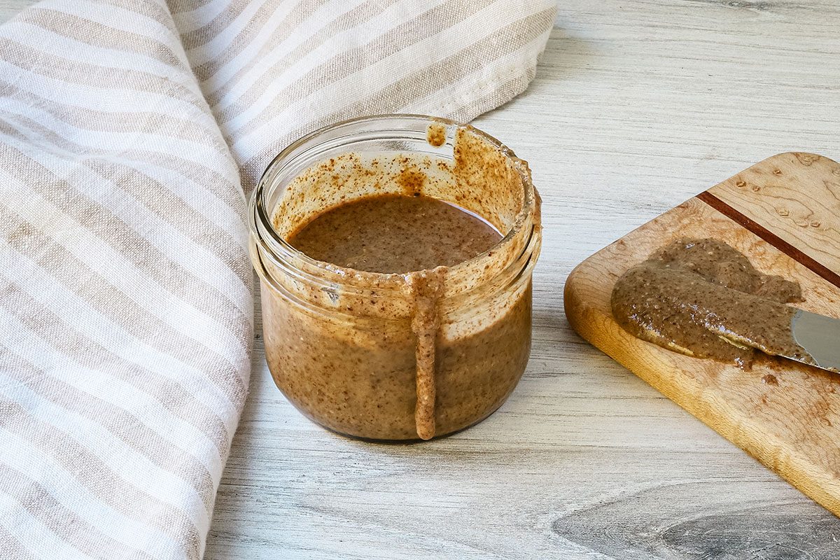 Homemade pecan butter in a jar.