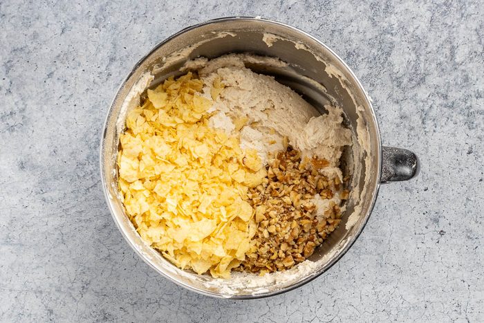 batter with the added potato chips and walnuts folded in.