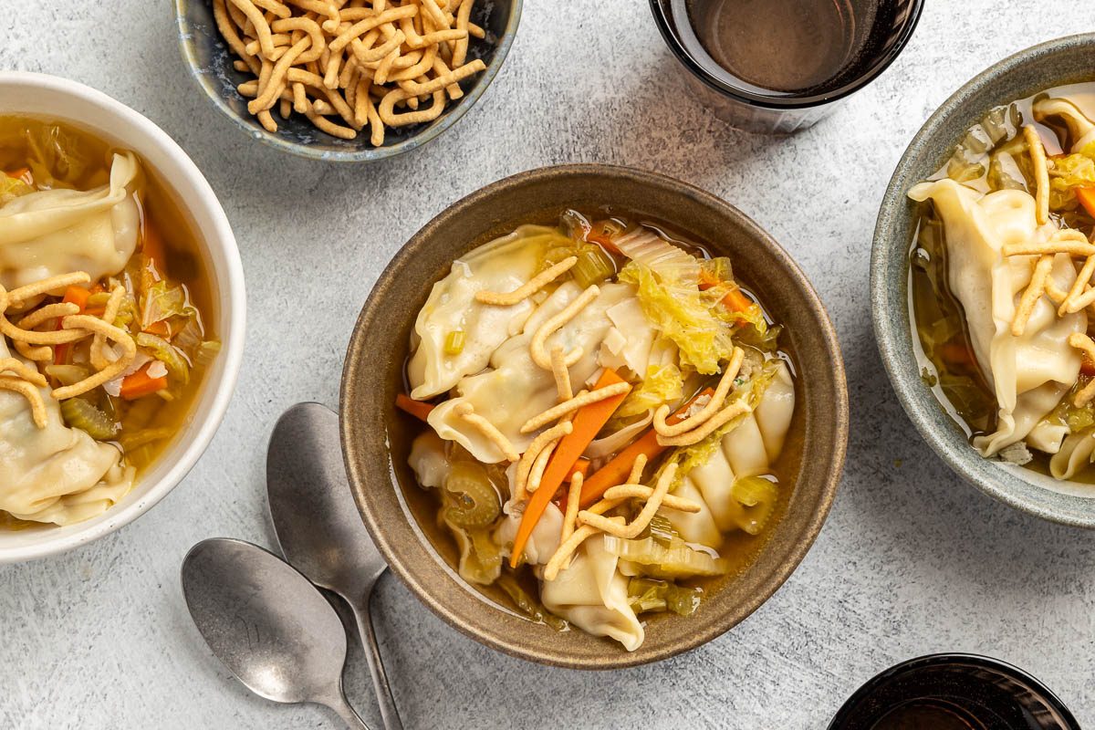 Potsticker Soup finished recipe served in bowls.