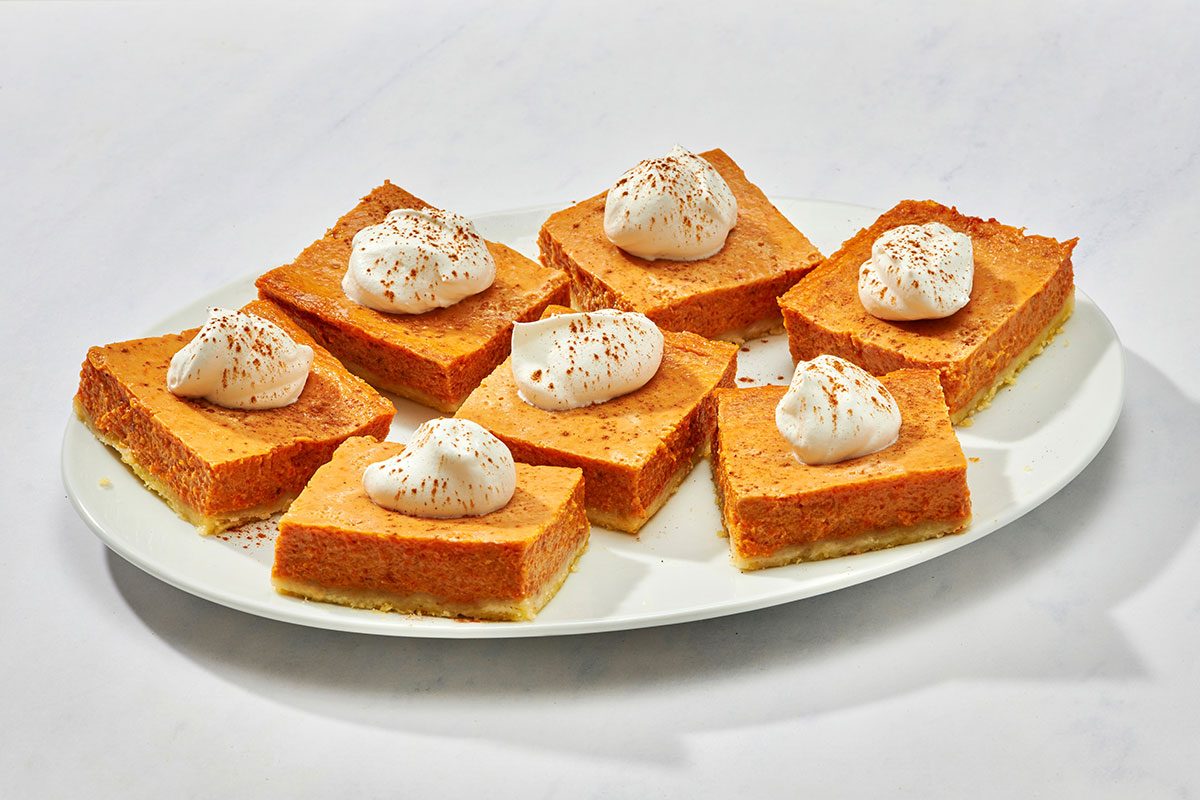 Pumpkin shortbread bars on a serving platter