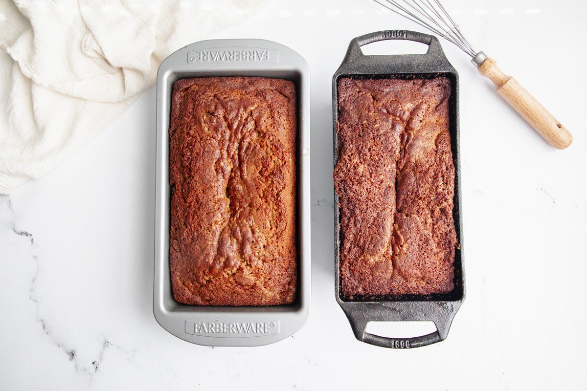Overhead shot for Taste of Home Pumpkin Raisin Bread, ingredients in two bread baking dishes after baked.
