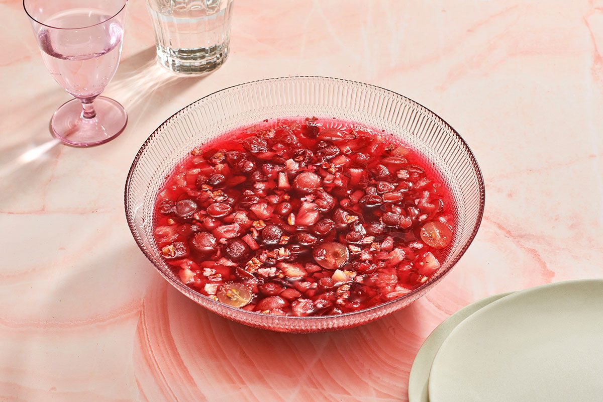 Cranberry jelly salad in a serving bowl