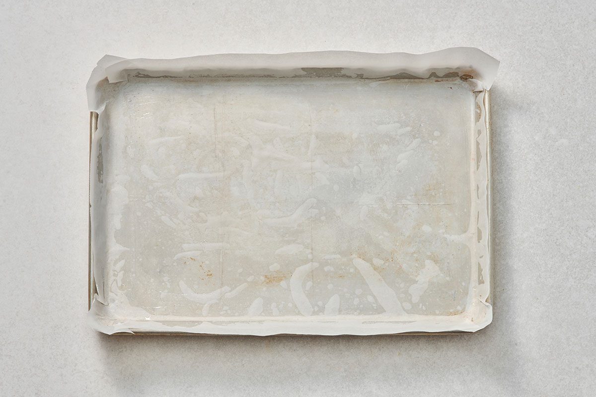 Baking pan lined with greased parchment paper 