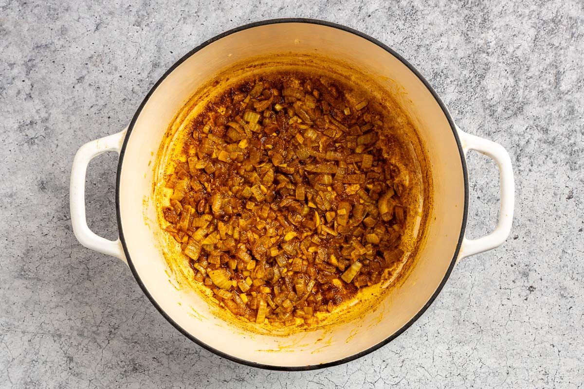 Taste of Home Roasted Cauliflower Soup photo of the garlic and spices added.