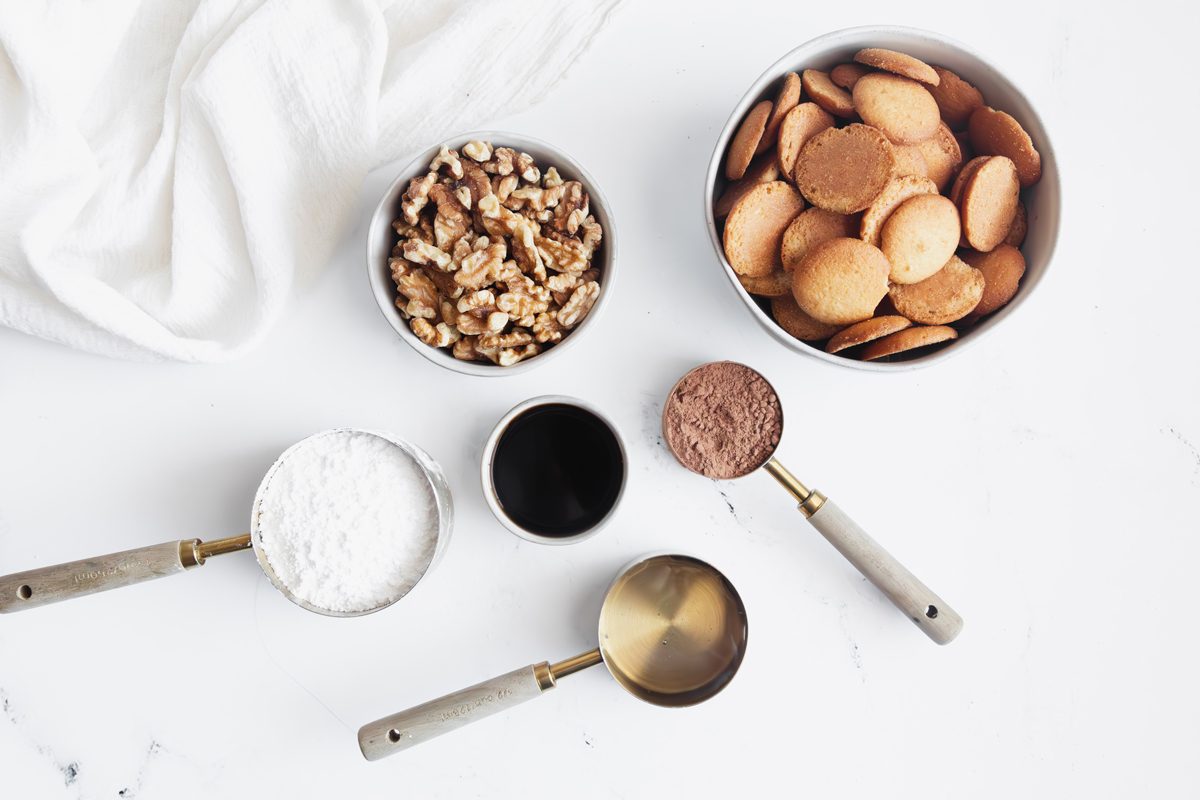 Overhead ingredient shot for Taste of Home Rum Balls.