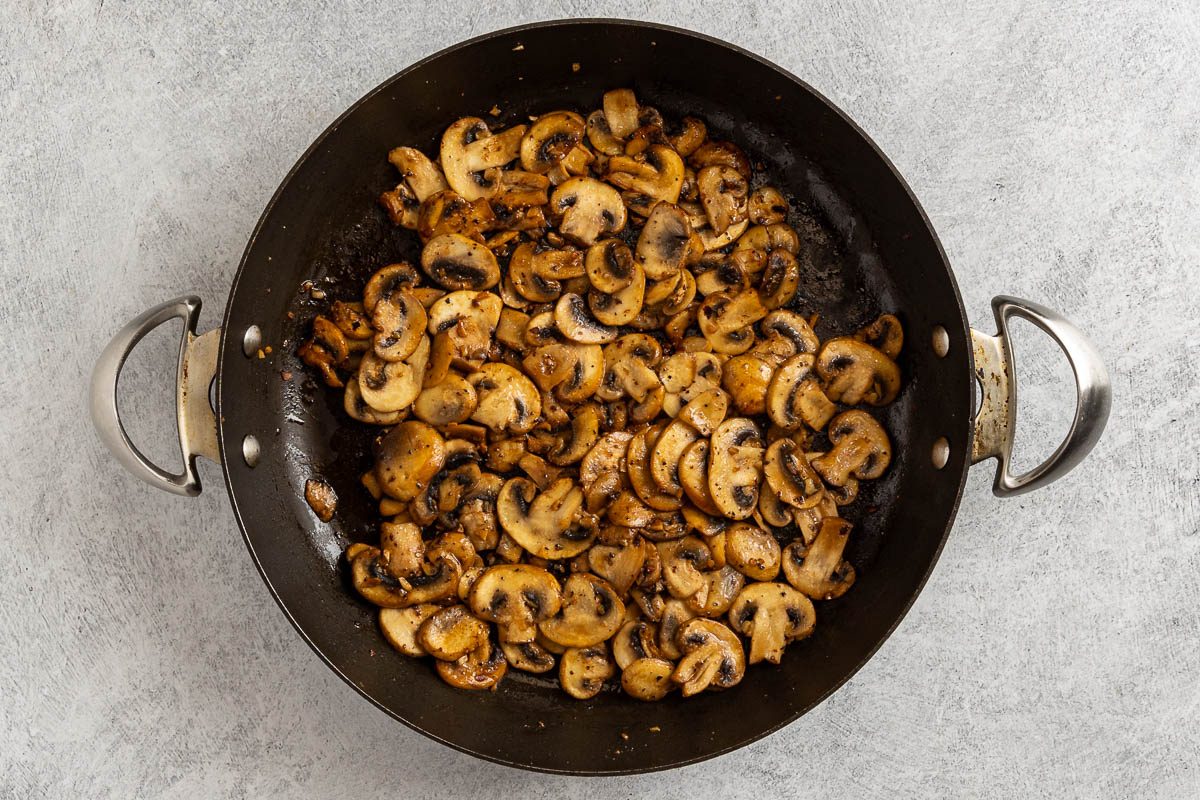 Taste of Home Sausage and Mushroom Pasta photo of the cooked mushrooms and garlic.