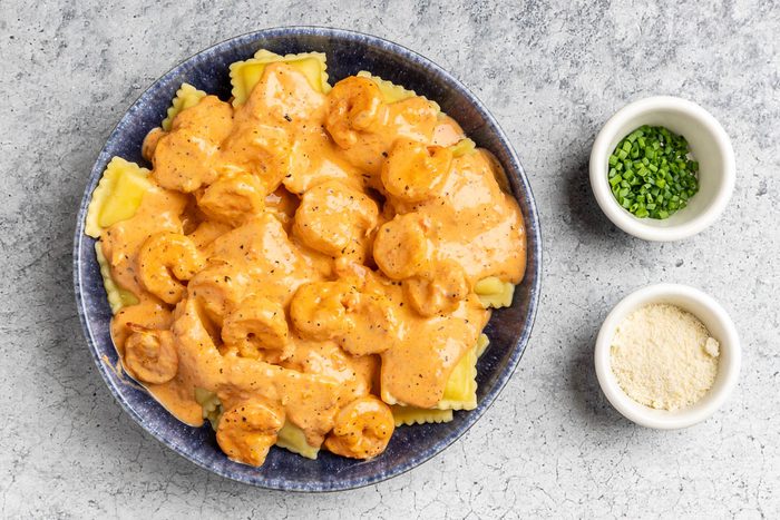 shrimp tomato sauce served over the ravioli.