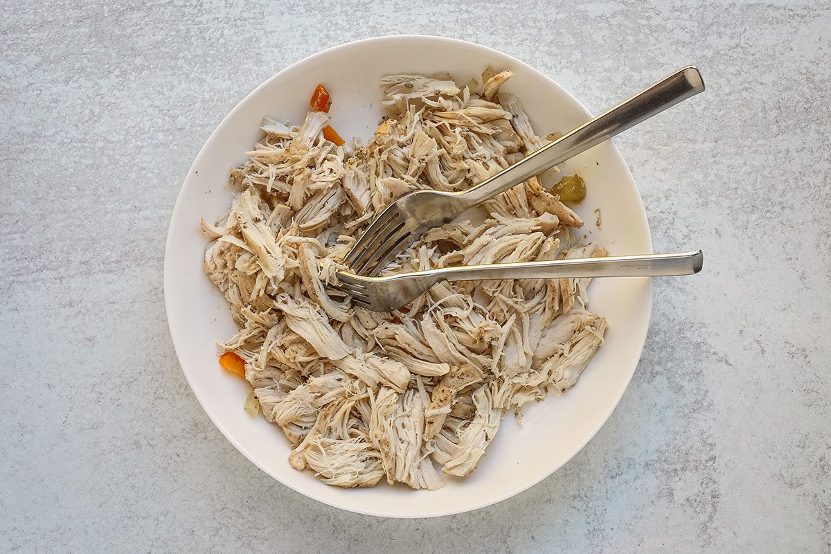 Shredded chicken for slow cooker chicken gnocchi soup, a recipe from Taste of Home.