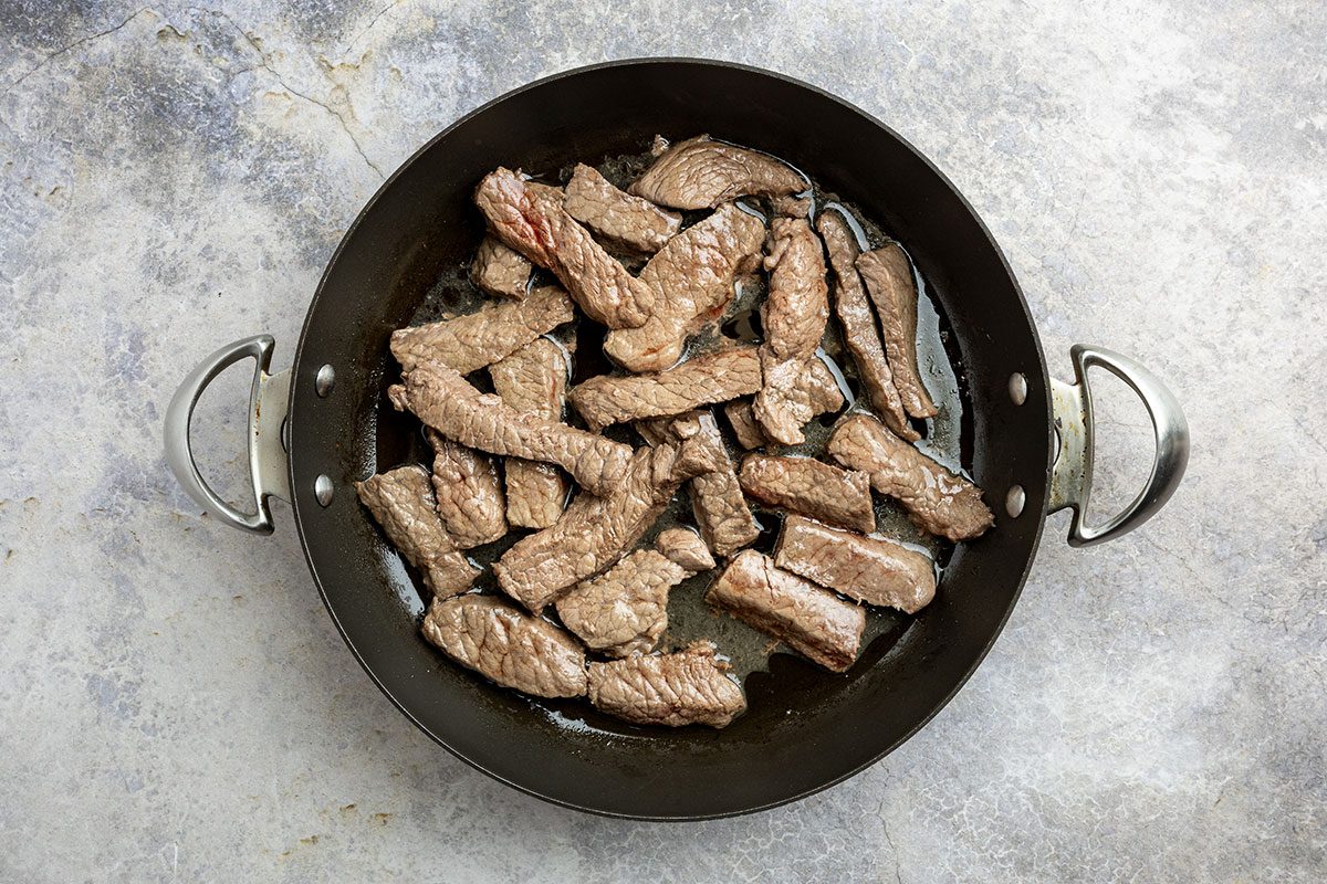 beef cooking in a skillet.
