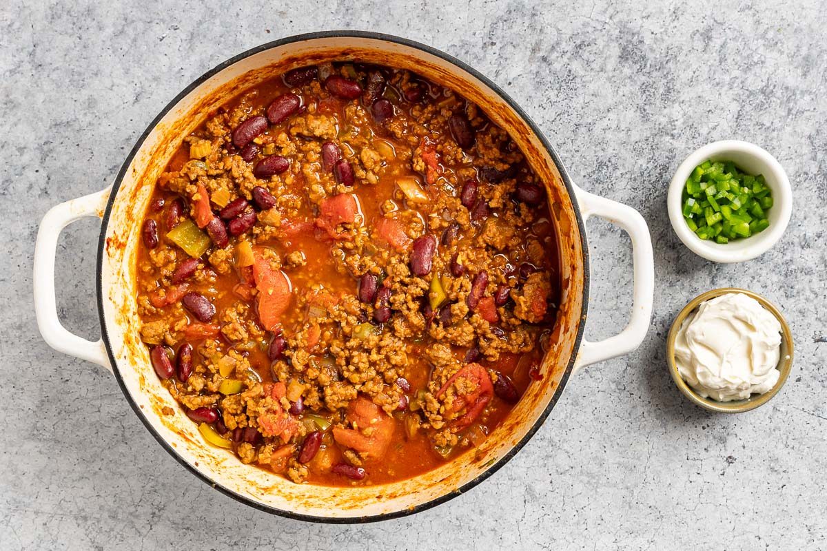 Taste of Home Spicy Chili Recipe photo of all the ingredients simmered in the Dutch oven.