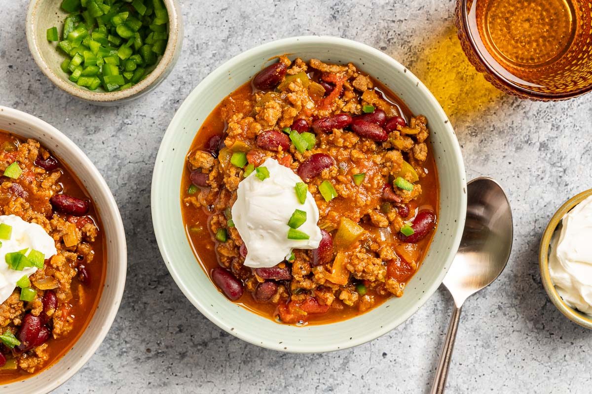 Taste of Home Spicy Chili Recipe photo of all the finished recipe served into bowls.