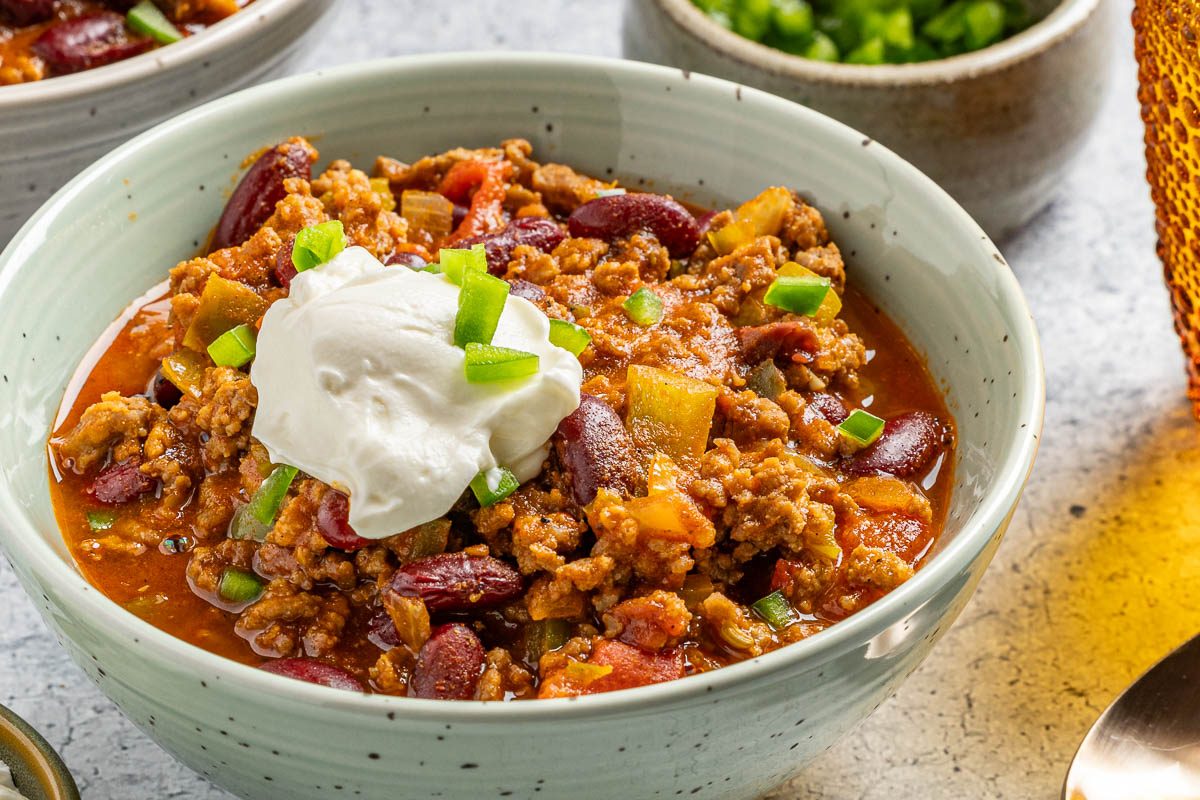Taste of Home Spicy Chili Recipe photo of all the finished recipe served into bowls.
