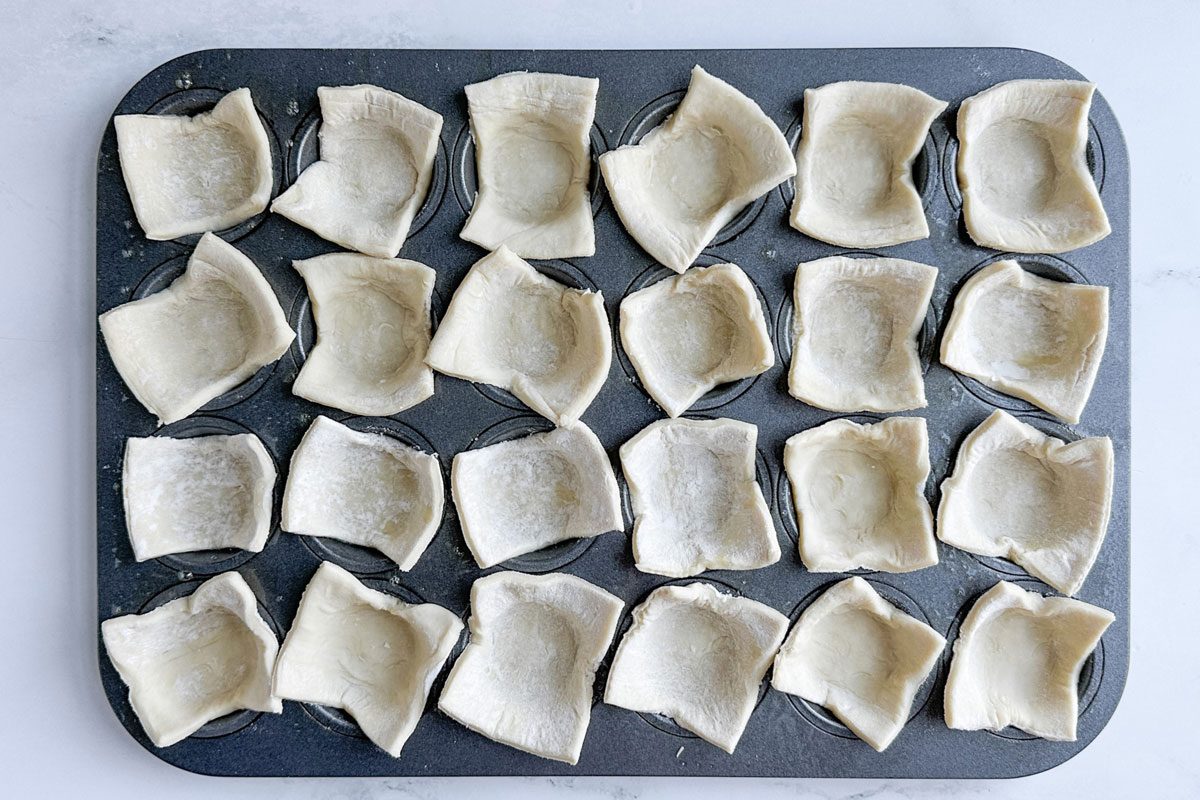 Puff pastry squares for Taste of Home Spinach Puffs in a mini muffin tin