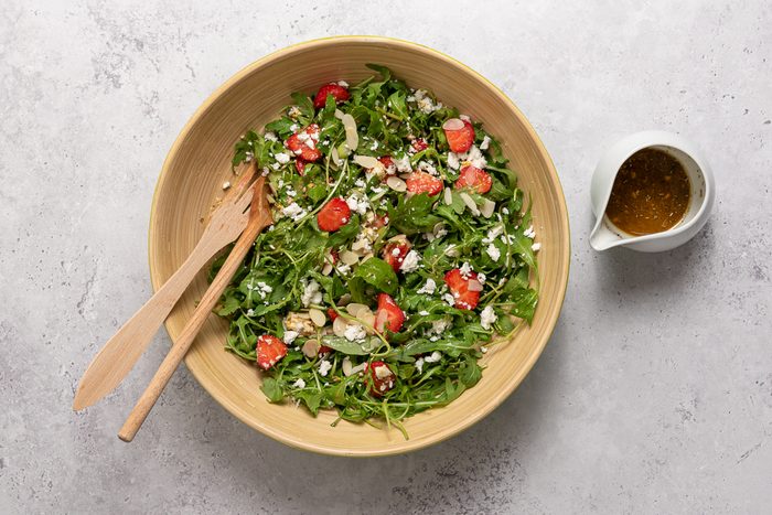 Bowl With Arugula, Strawberries, Feta Cheese, Green Onion And Se