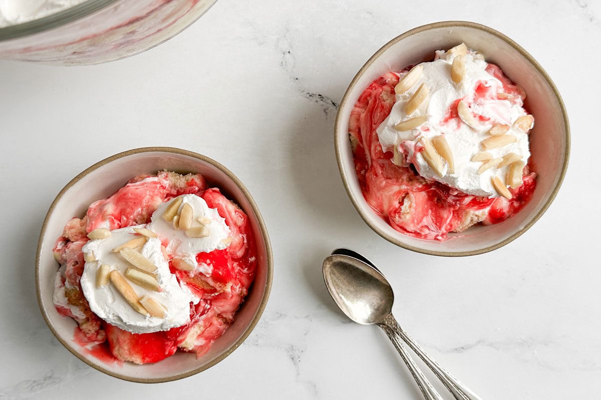 Taste of Home Strawberry Shortcake Trifle in ceramic bowls