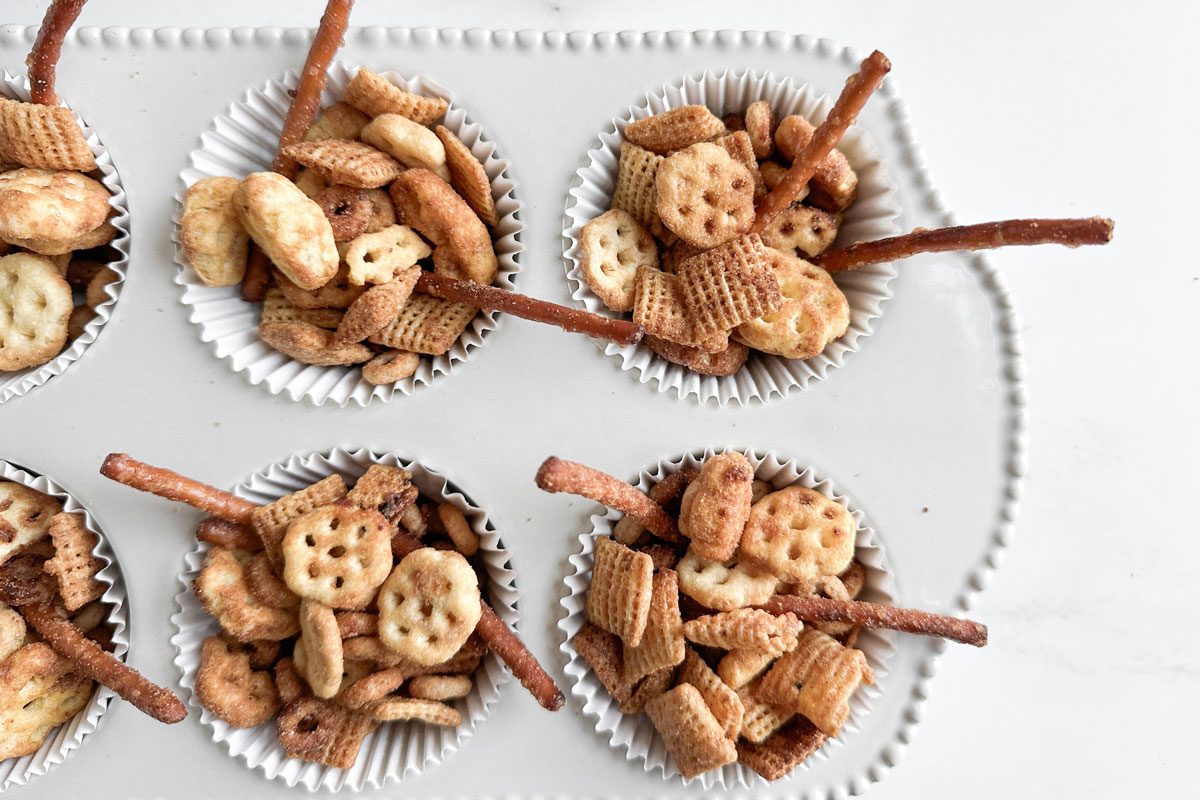 Taste of Home Sweet and Salty Chex Mix in a muffin tin