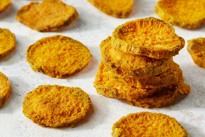 Sweet Potato Dog Treats stacked on each other