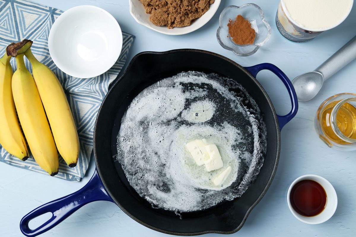 Process of making Taste of Home's bananas foster laid out on a light blue surface with a blue linen.
