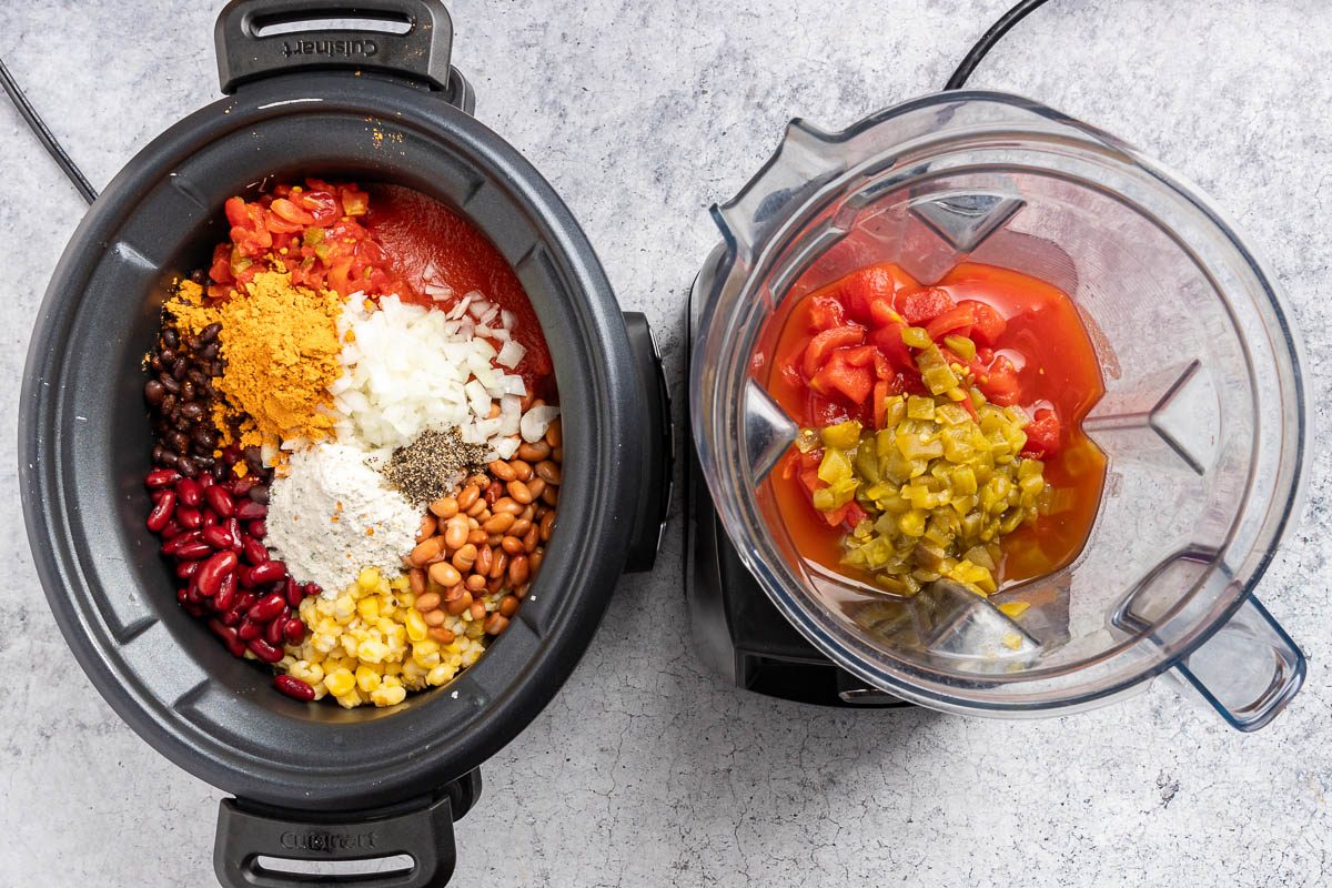 all the ingredients added to the slow cooker.