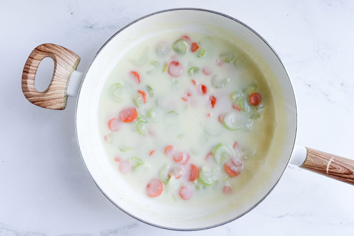 Sauce for Taste of Home Turkey Curry in a white skillet