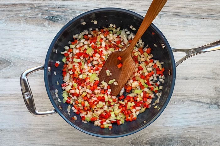 Sautéing the vegetables for Vegan Black-Eyed Peas.