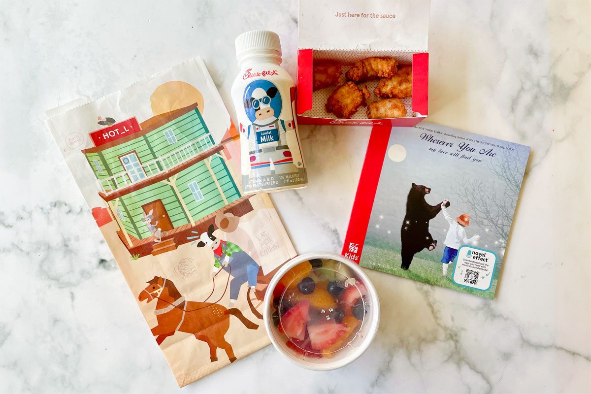 Chick-fil-a Fast Food Kids Meal items arranged on marble kitchen counter