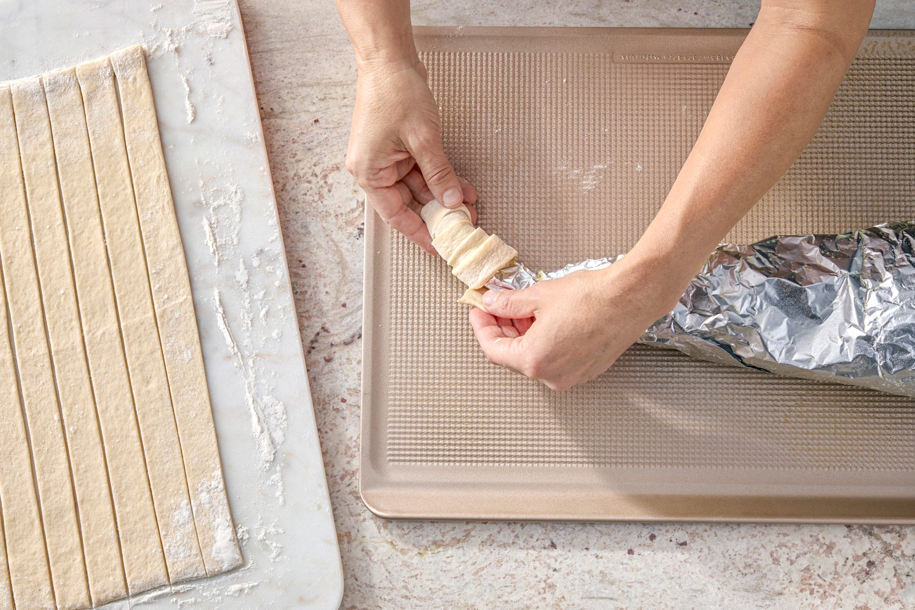 wrap one strip around the form, slightly overlapping strips as you wrap.