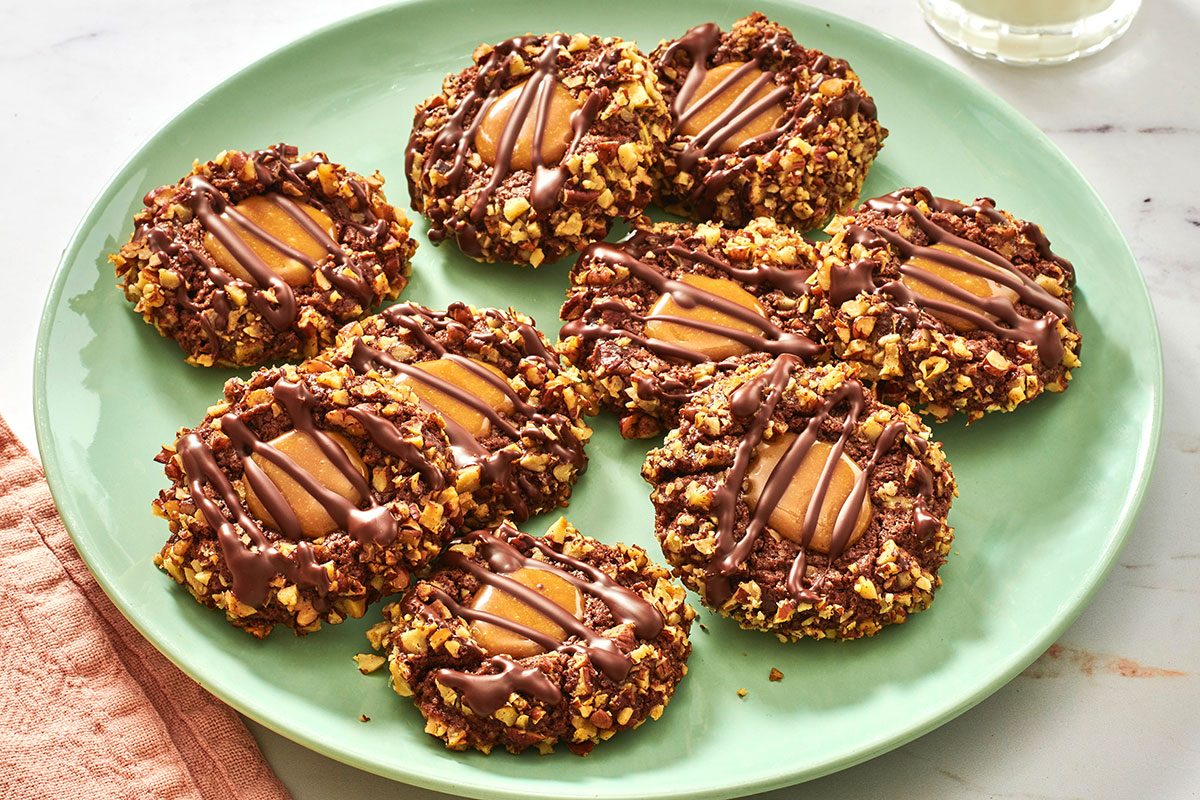 Caramel Thumbprint Cookies served on a platter