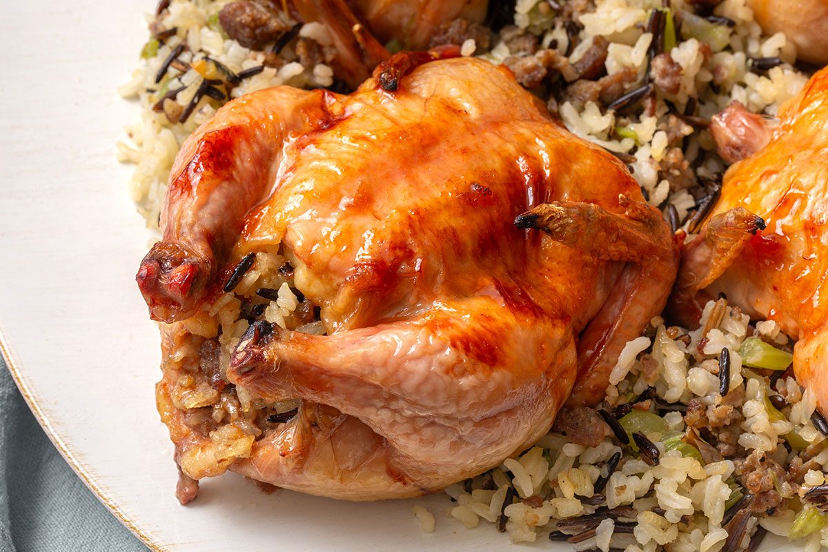Close up of baked cornish game hens with wild rice stuffing on a serving plate for Taste of Home