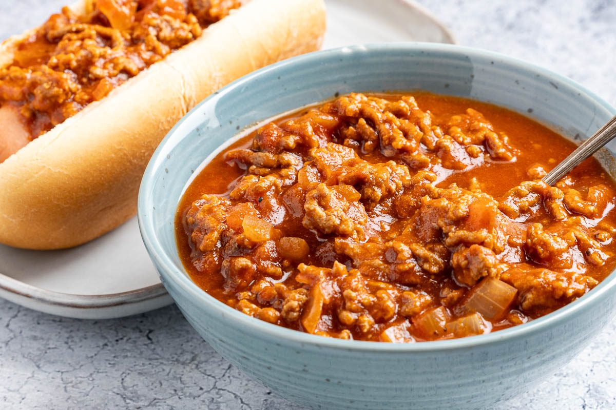 Taste of Home Hot Dog Sauce photo of the finished recipe served over hot dogs.