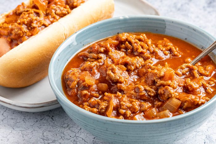 Taste of Home Hot Dog Sauce photo of the finished recipe served over hot dogs.