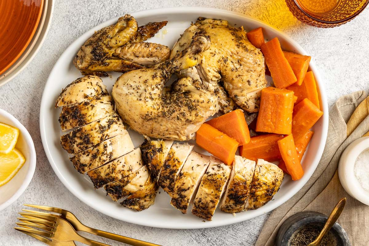 Taste of Home Instant Pot Whole Chicken photo of the finished recipe on a serving platter.