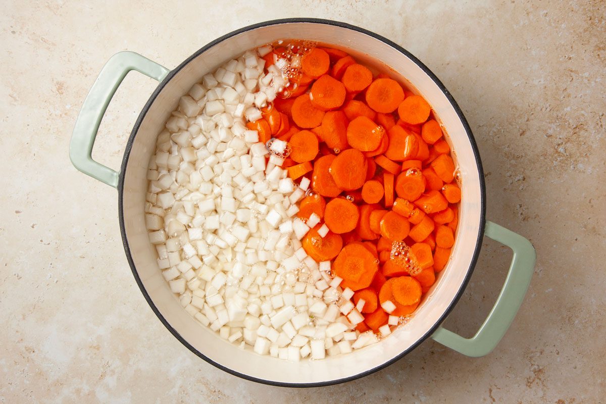 Step 1 of Taste of Home Mashed Carrots and Turnips is to boil thhe carrots and turnips until tender