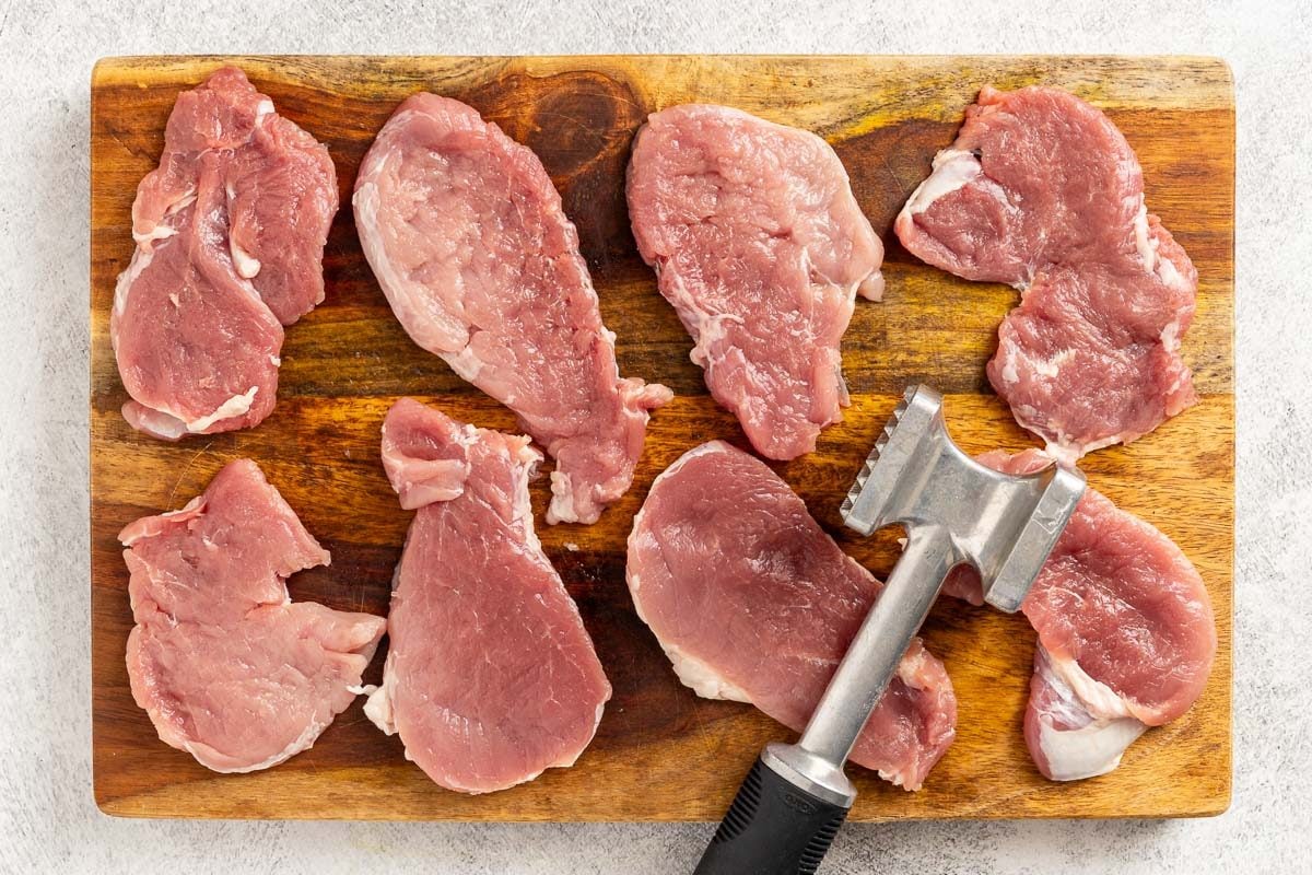 Taste of Home Parmesan Crusted Pork Chops recipe photo of the pounded pork.