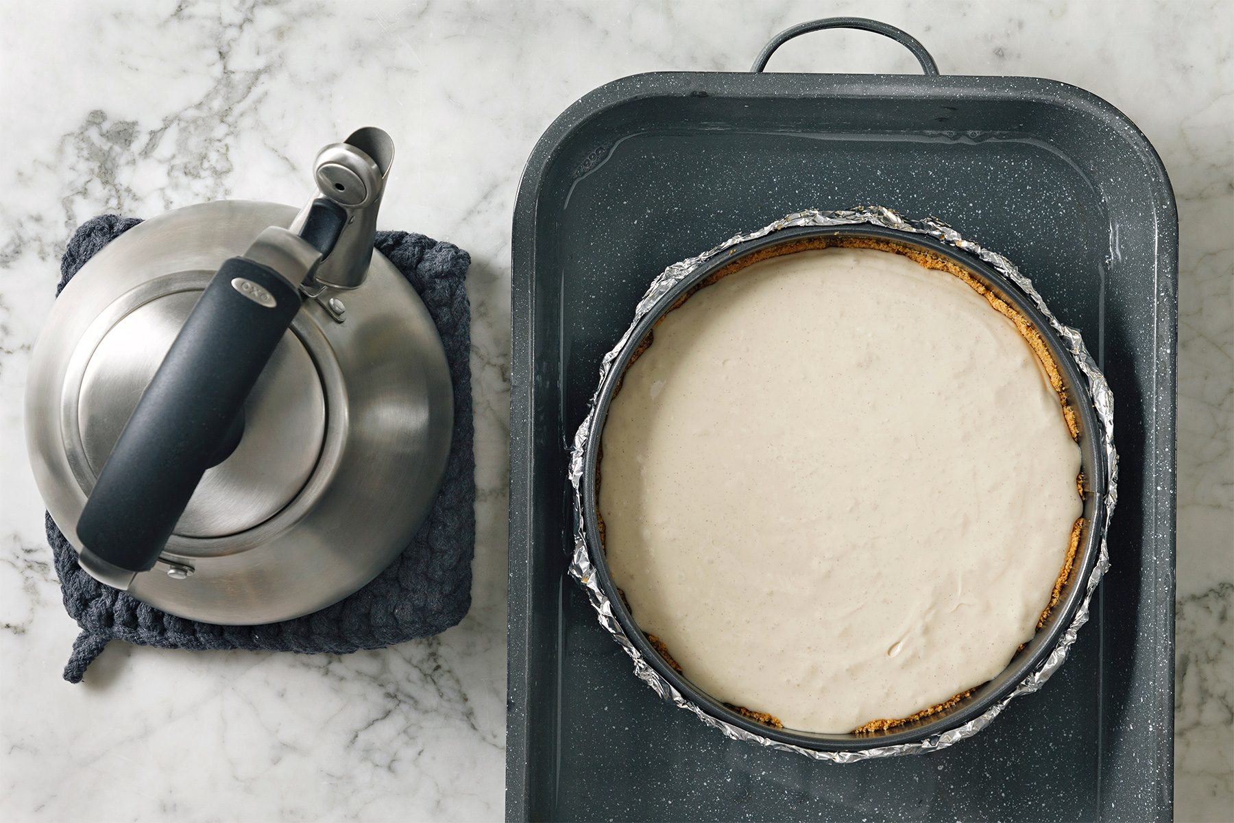 Place springform pan in a larger baking pan;
