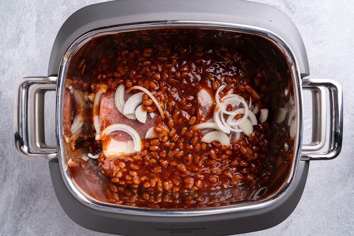 Taste of Home Pork and Beans recipe photo of all the ingredients in the slow cooker.