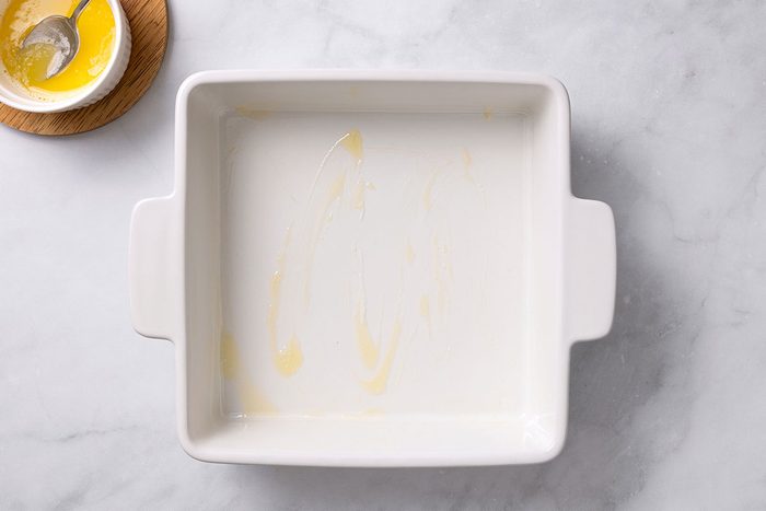 8 inch greased baking dish for step one of Salmon Steak recipe for Taste of Home