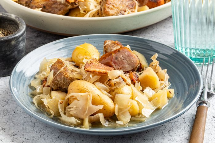 Taste of Home Slow Cooker Pork and Sauerkraut photo of the finished recipe.