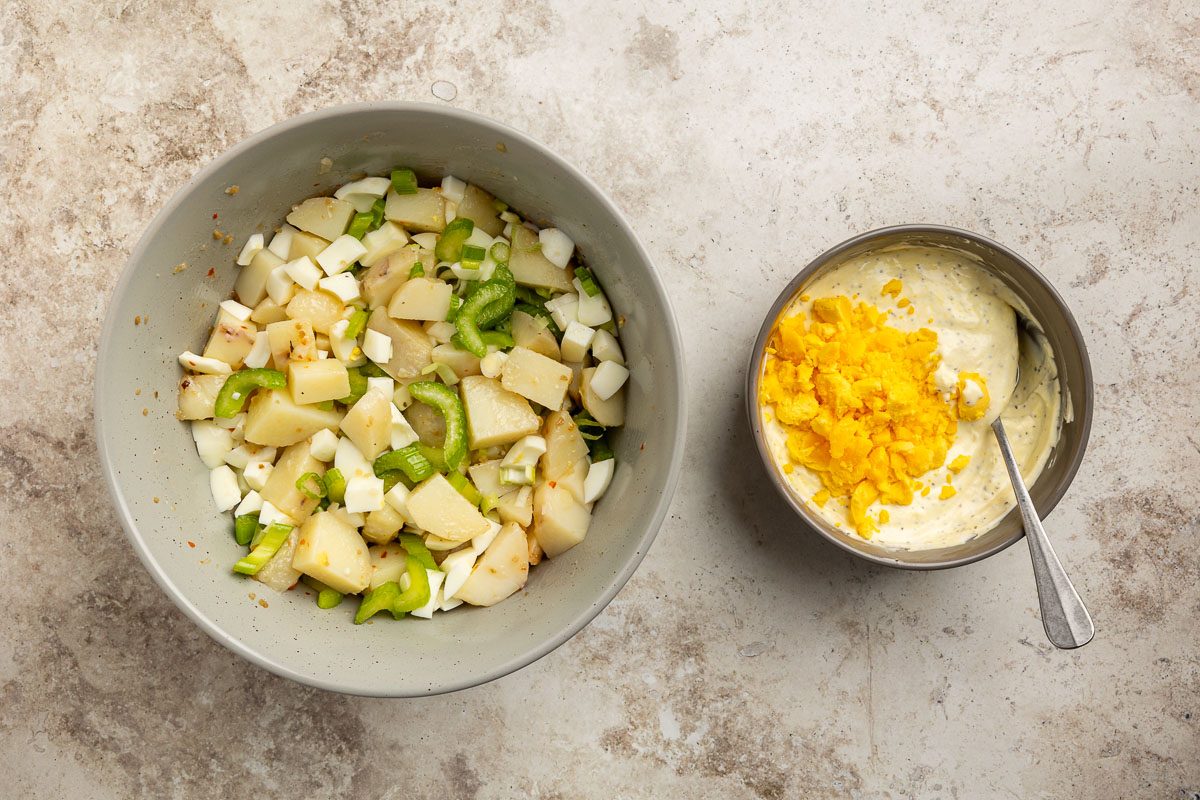 Taste of Home Sour Cream Potato Salad recipe photo of wet ingredients mixed together to coat the potatoes.