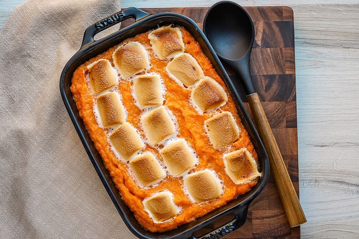 Sweet potato and apple casserole, baked with a marshmallow topping.