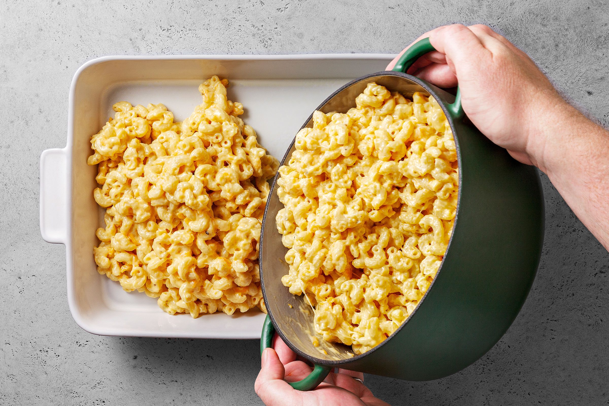 Transferring Mac and Cheese to a greased baking dish