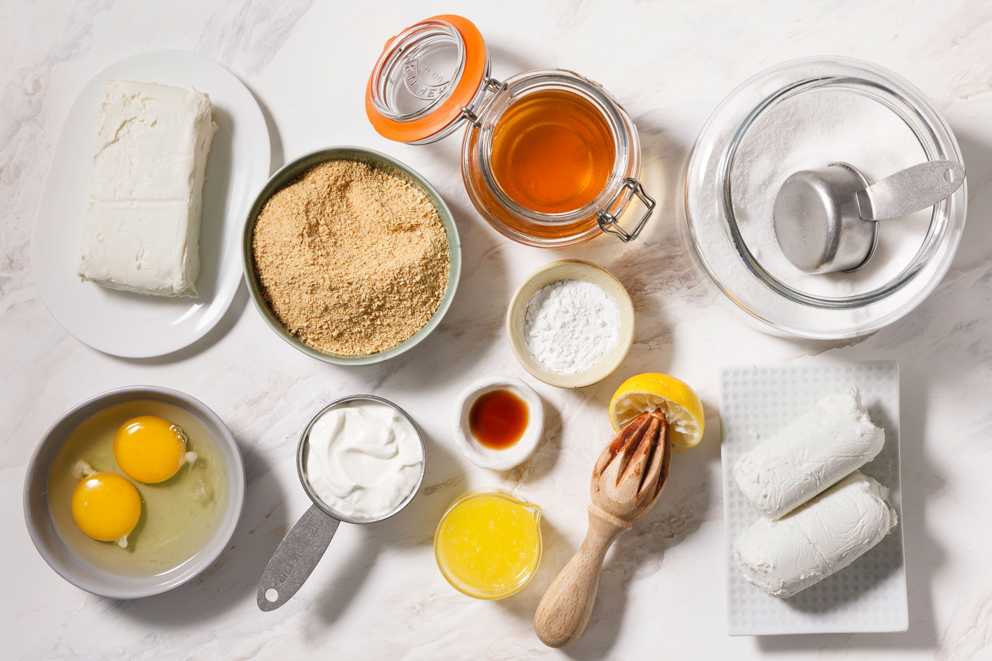 overhead shot of ingredients for Goat Cheese Cheesecake 