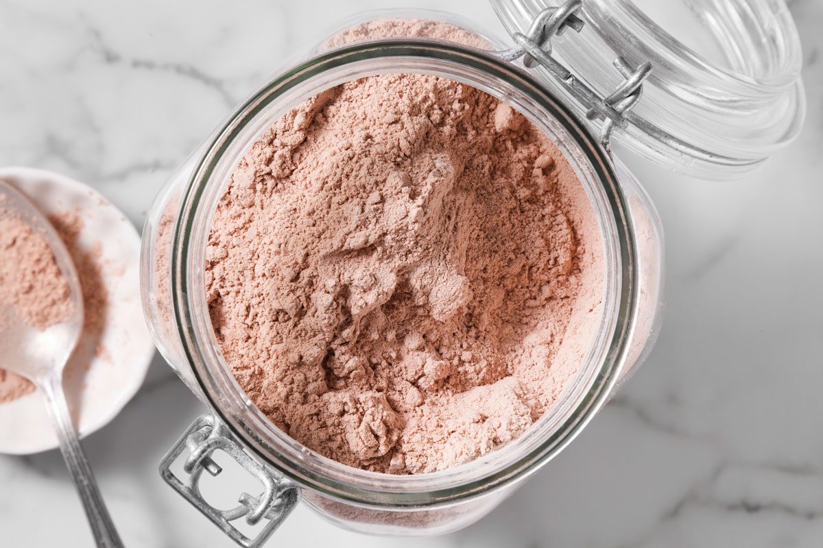 overhead shot of hot cocoa mix in a jar