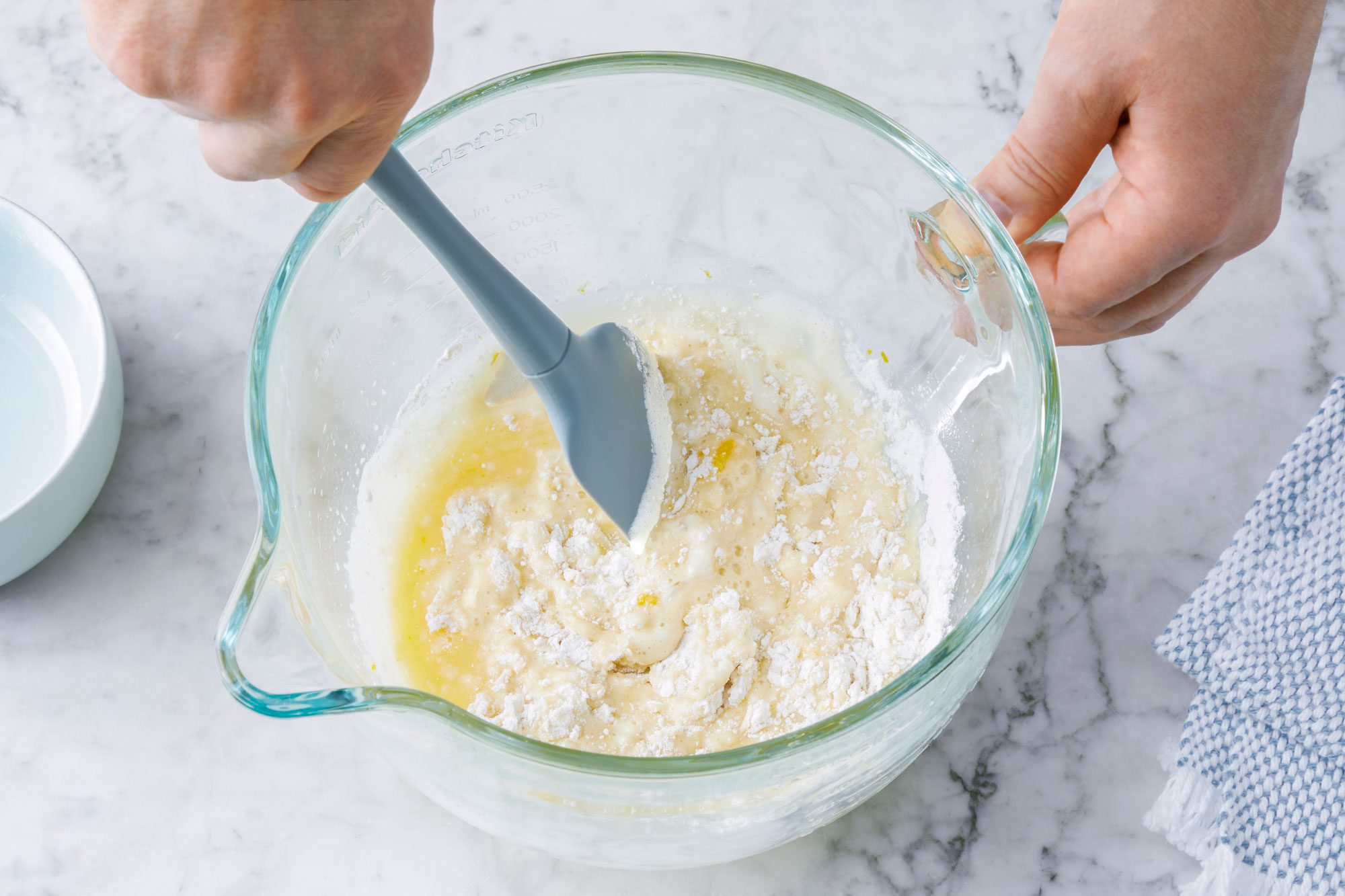 In another bowl, whisk flour, baking powder and salt fold into egg mixture