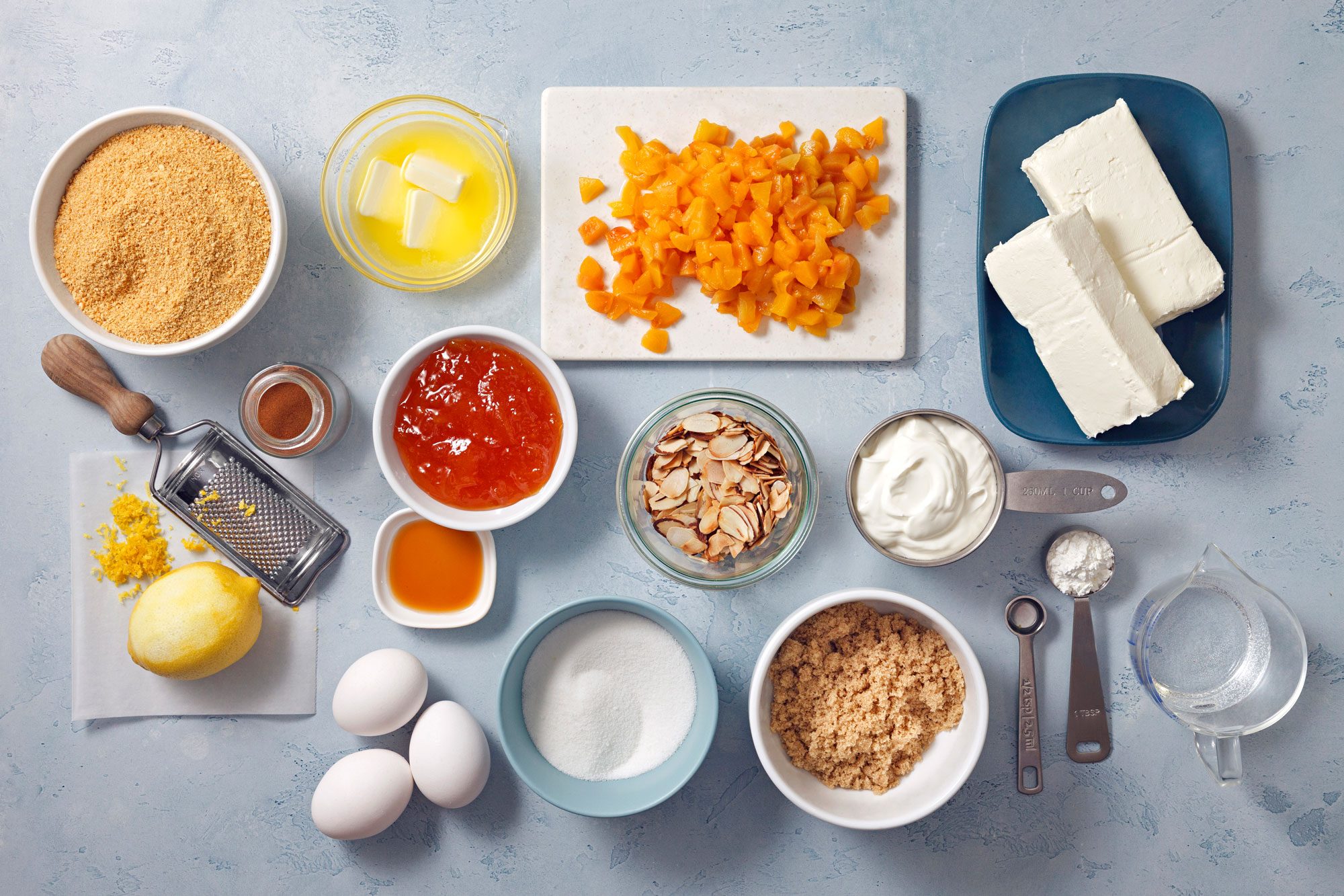 overhead shot of ingredients for Peach Cheesecake