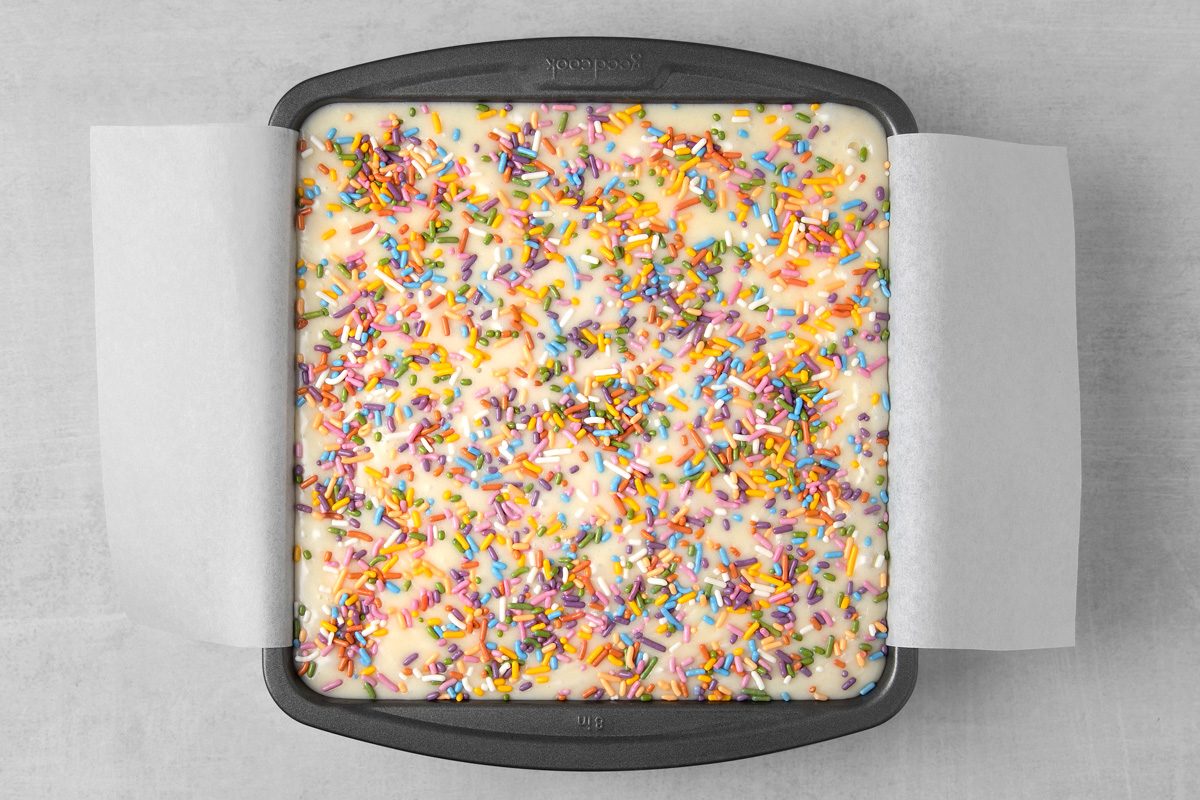 fudge in baking dish on countertop